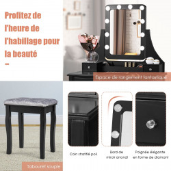 Coiffeuse avec miroir 10 ampoules LED et 5 tiroirs amovibles