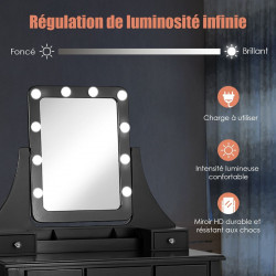 Coiffeuse avec miroir 10 ampoules LED et 5 tiroirs amovibles