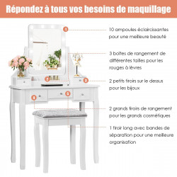 Coiffeuse avec miroir 10 ampoules LED et 5 tiroirs amovibles