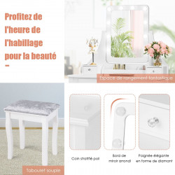 Coiffeuse avec miroir 10 ampoules LED et 5 tiroirs amovibles