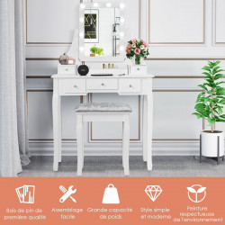 Coiffeuse avec miroir 10 ampoules LED et 5 tiroirs amovibles