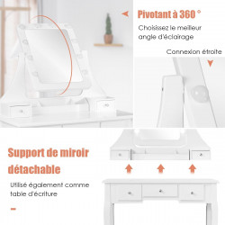 Coiffeuse avec miroir 10 ampoules LED et 5 tiroirs amovibles