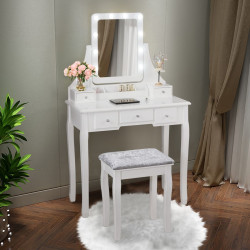 Coiffeuse avec miroir 10 ampoules LED et 5 tiroirs amovibles