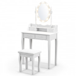 Coiffeuse avec miroir 10 ampoules LED : éclairage réglable, tabouret rembourré, 4 tiroirs