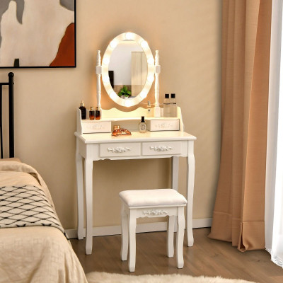 Coiffeuse Avec Miroir Et Tabouret 7 Tiroirs - Noyer, Miroir Rotatif, 3 Lumières LED Réglables - 12