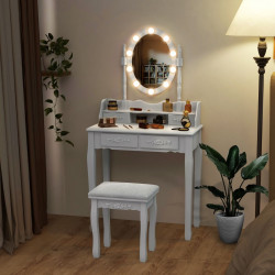 Coiffeuse avec miroir 10 ampoules LED : éclairage réglable, tabouret rembourré, 4 tiroirs