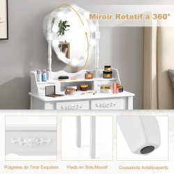 Coiffeuse avec miroir 10 ampoules LED : éclairage réglable, tabouret rembourré, 4 tiroirs