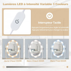 Coiffeuse avec miroir 10 ampoules LED : éclairage réglable, tabouret rembourré, 4 tiroirs