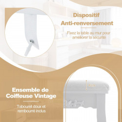 Coiffeuse avec miroir 10 ampoules LED : éclairage réglable, tabouret rembourré, 4 tiroirs