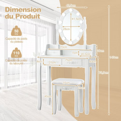 Coiffeuse avec miroir 10 ampoules LED : éclairage réglable, tabouret rembourré, 4 tiroirs