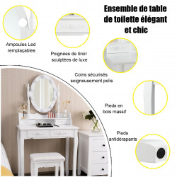 Coiffeuse avec miroir 10 ampoules LED : éclairage réglable, tabouret rembourré, 4 tiroirs