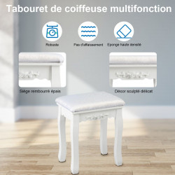 Coiffeuse avec miroir 10 ampoules LED : éclairage réglable, tabouret rembourré, 4 tiroirs