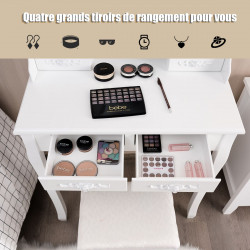 Coiffeuse avec miroir 10 ampoules LED : éclairage réglable, tabouret rembourré, 4 tiroirs