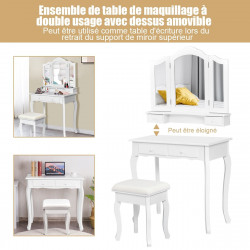 Coiffeuse en bois de pin avec miroir à trois volets : 4 tiroirs, tabouret rembourré