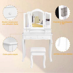 Coiffeuse en bois de pin avec miroir à trois volets : 4 tiroirs, tabouret rembourré