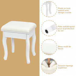 Coiffeuse en bois de pin avec miroir à trois volets : 4 tiroirs, tabouret rembourré