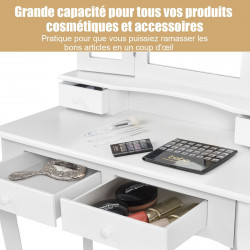 Coiffeuse en bois de pin avec miroir à trois volets : 4 tiroirs, tabouret rembourré