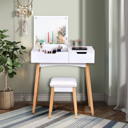 Coiffeuse Table de Maquillage avec miroir carré rabattable, tiroir spacieux, tabouret rembourré