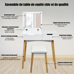Coiffeuse Table de Maquillage avec miroir carré rabattable, tiroir spacieux, tabouret rembourré