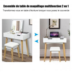 Coiffeuse Table de Maquillage avec miroir carré rabattable, tiroir spacieux, tabouret rembourré