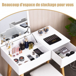 Coiffeuse Table de Maquillage avec miroir carré rabattable, tiroir spacieux, tabouret rembourré