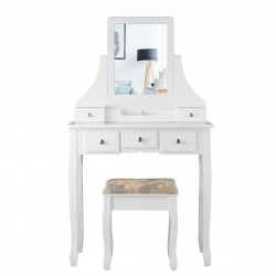Coiffeuse, Table de maquillage avec 5 tiroirs, 1 miroir carré pivotant et 1 tabouret blanc