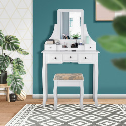 Coiffeuse, Table de maquillage avec 5 tiroirs, 1 miroir carré pivotant et 1 tabouret blanc