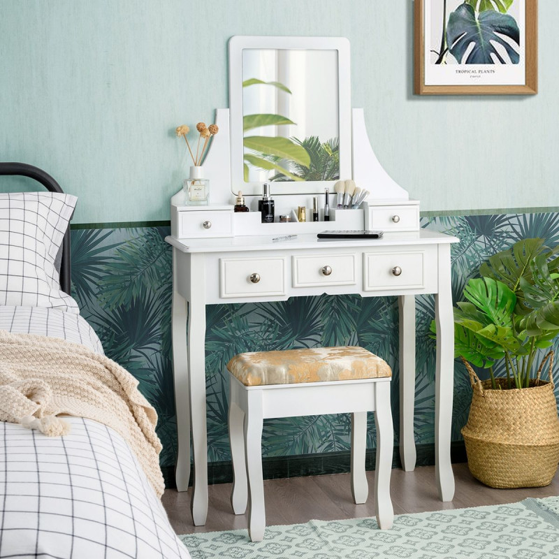 Coiffeuse, Table de maquillage avec 5 tiroirs, 1 miroir carré pivotant et 1 tabouret blanc