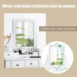 Coiffeuse, Table de maquillage avec 5 tiroirs, 1 miroir carré pivotant et 1 tabouret blanc