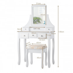 Coiffeuse, Table de maquillage avec 5 tiroirs, 1 miroir carré pivotant et 1 tabouret blanc