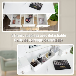 Coiffeuse, Table de maquillage avec 5 tiroirs, 1 miroir carré pivotant et 1 tabouret blanc