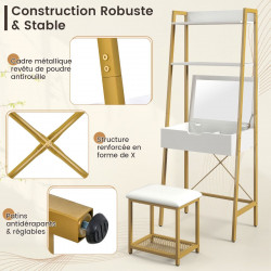 Coiffeuse industrielle, miroir rabattable, tabouret, 2 étagères ouvertes