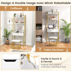 Coiffeuse industrielle, miroir rabattable, tabouret, 2 étagères ouvertes
