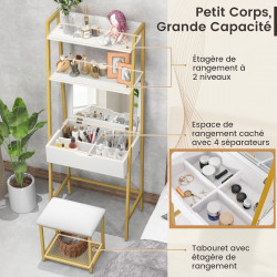 Coiffeuse industrielle, miroir rabattable, tabouret, 2 étagères ouvertes