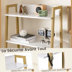 Coiffeuse industrielle, miroir rabattable, tabouret, 2 étagères ouvertes