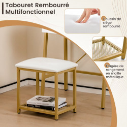 Coiffeuse industrielle, miroir rabattable, tabouret, 2 étagères ouvertes