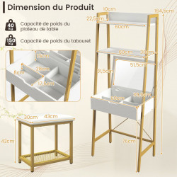 Coiffeuse industrielle, miroir rabattable, tabouret, 2 étagères ouvertes
