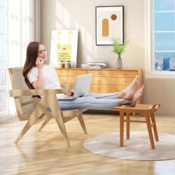 Coiffeuse et Tabouret en bambou avec miroir pivotant, plateau en verre trempé, 2 tiroirs, pieds antidérapants