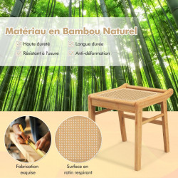 Coiffeuse et Tabouret en bambou avec miroir pivotant, plateau en verre trempé, 2 tiroirs, pieds antidérapants