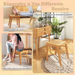 Coiffeuse et Tabouret en bambou avec miroir pivotant, plateau en verre trempé, 2 tiroirs, pieds antidérapants