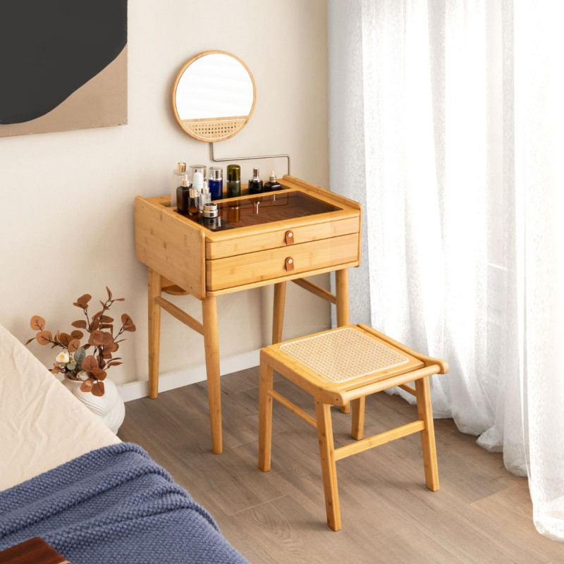 Coiffeuse et Tabouret en bambou avec miroir pivotant, plateau en verre trempé, 2 tiroirs, pieds antidérapants
