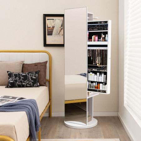 Armoire à Bijoux 3 en 1, pivotante à 360° avec miroir, porte-manteau et lumières LED 3 couleurs Armoire à Bijoux 3 en 1, pivotante à 360° avec miroir, porte-manteau et lumières LED 3 couleurs