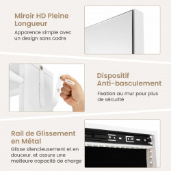 Armoire à Bijoux 3 en 1, pivotante à 360° avec miroir, porte-manteau et lumières LED 3 couleurs