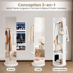 Armoire à Bijoux 3 en 1, pivotante à 360° avec miroir, porte-manteau et lumières LED 3 couleurs