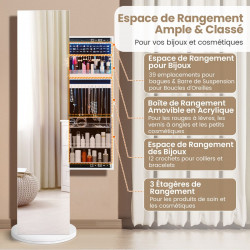 Armoire à Bijoux 3 en 1, pivotante à 360° avec miroir, porte-manteau et lumières LED 3 couleurs