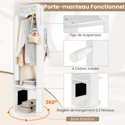 Armoire à Bijoux 3 en 1, pivotante à 360° avec miroir, porte-manteau et lumières LED 3 couleurs