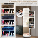 Armoire à Bijoux 3 en 1, pivotante à 360° avec miroir, porte-manteau et lumières LED 3 couleurs