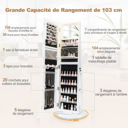 Armoire à Bijoux avec miroir sur pieds pivotant 360° pleine longueur avec LED