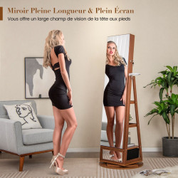 Armoire à Bijoux pivotante à 360°, miroir pleine longueur, éclairage LED, porte verrouillable