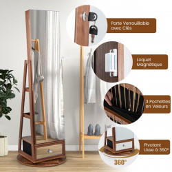 Armoire à Bijoux pivotante à 360°, miroir pleine longueur, éclairage LED, porte verrouillable